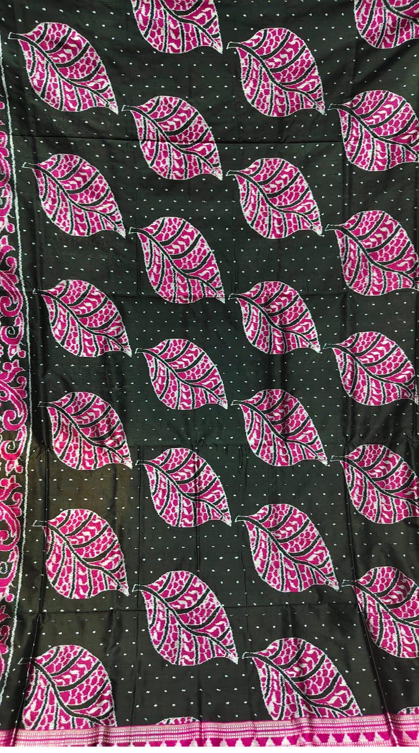 Black Magenta Body Leaf Design Sambalpuri Silk Saree