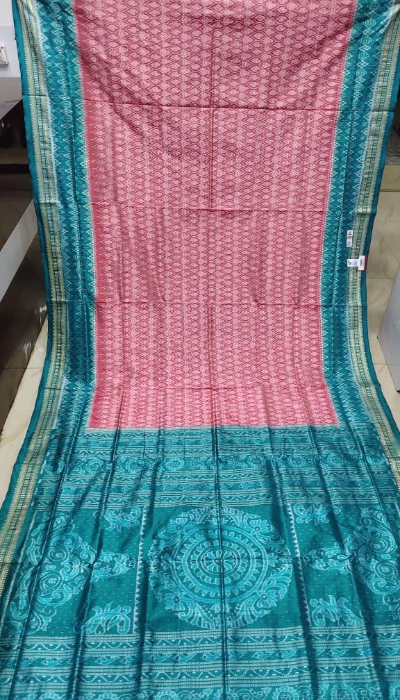 Peach Rama Green Flower Design Sambalpuri Silk Saree