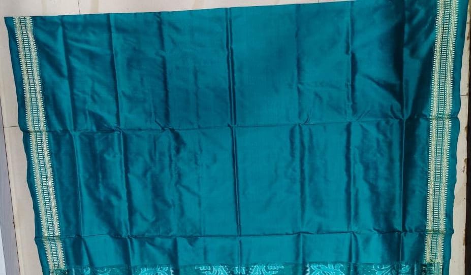 Peach Rama Green Flower Design Sambalpuri Silk Saree
