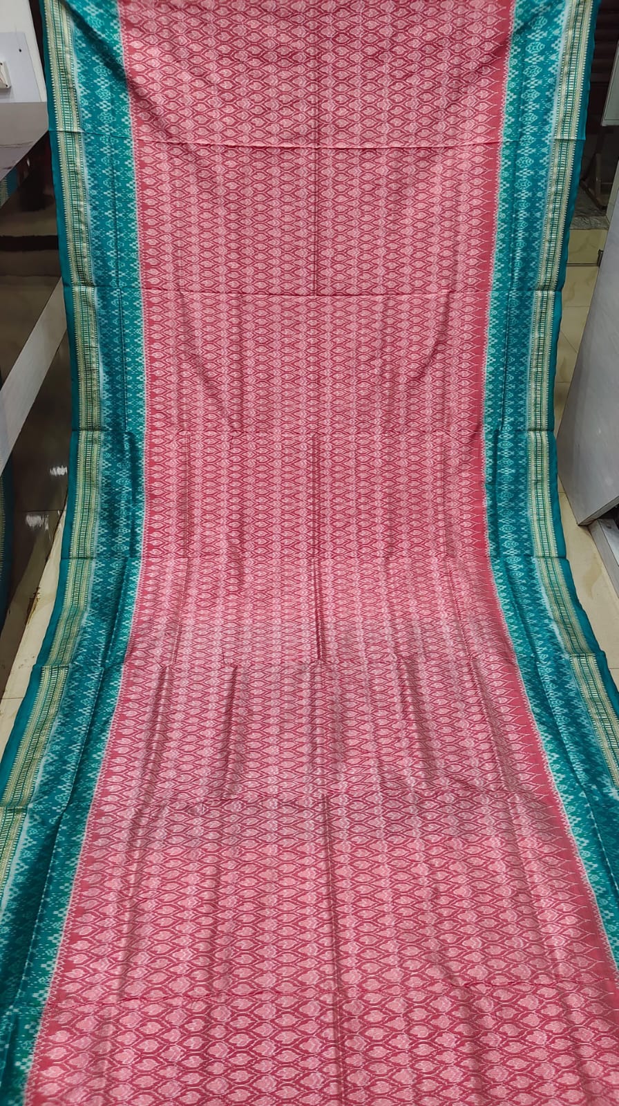 Peach Rama Green Flower Design Sambalpuri Silk Saree
