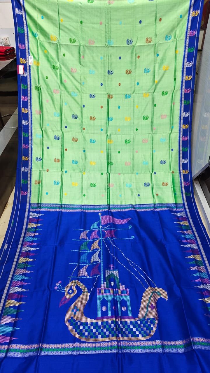 Pista Green Blue Boita Bomkai Silk Saree