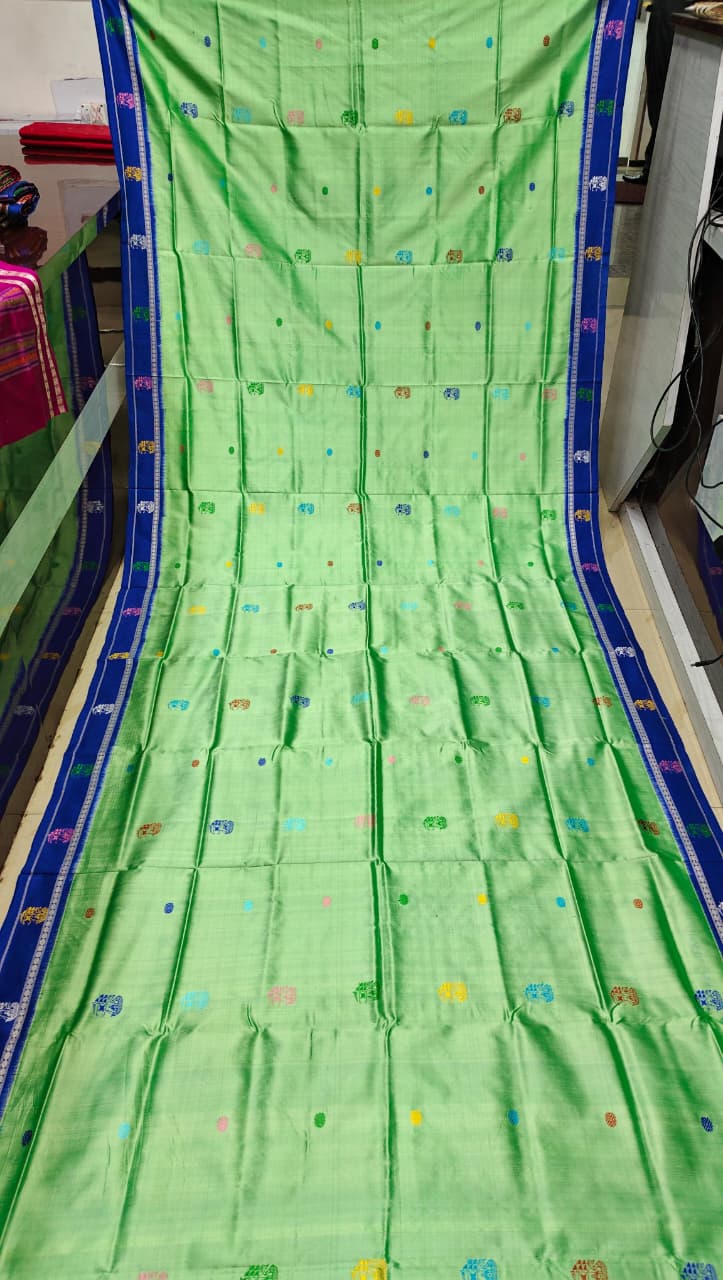 Pista Green Blue Boita Bomkai Silk Saree
