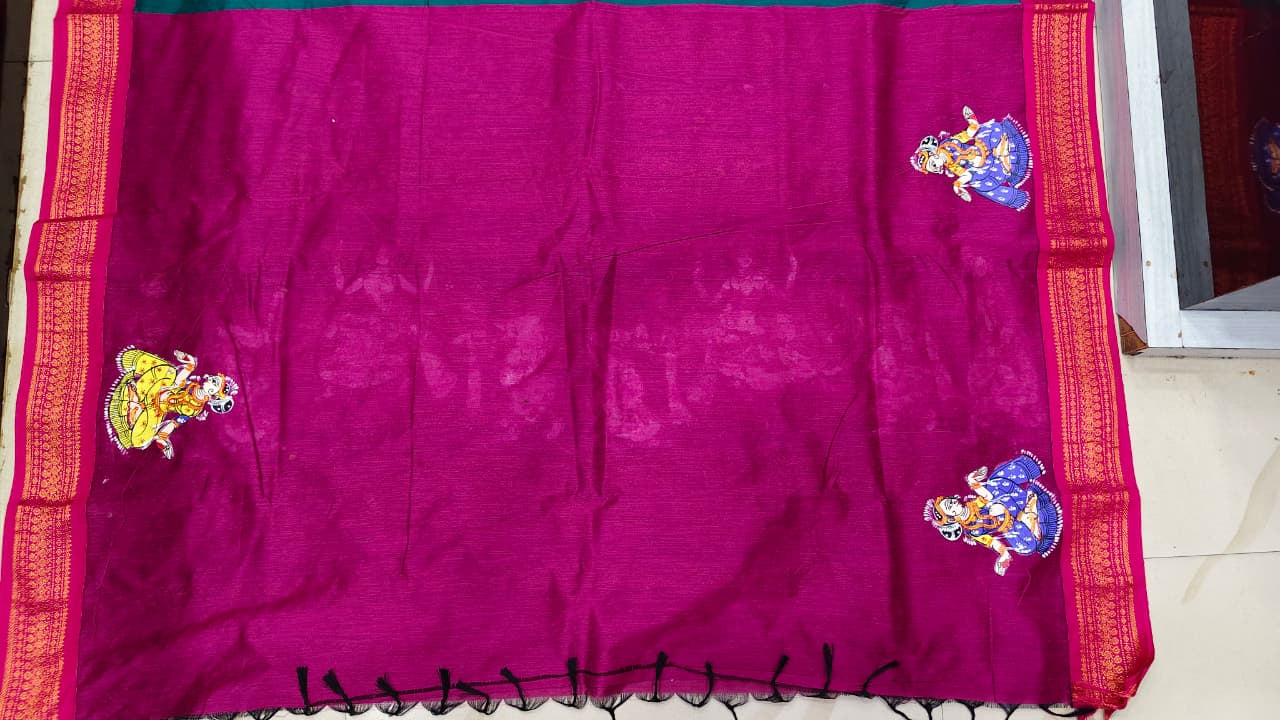 Rama Green Magenta Raja Doli Theme Pattachitra South Cotton Saree