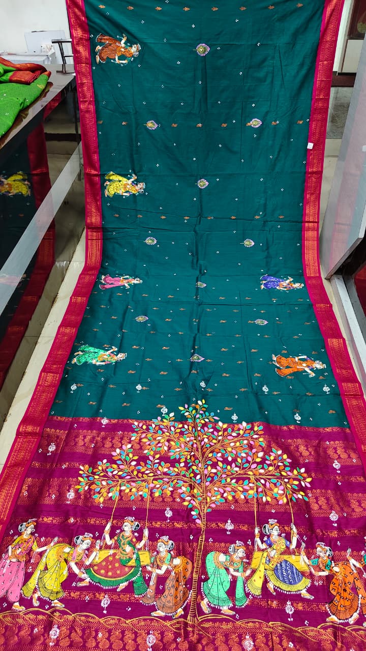 Rama Green Magenta Raja Doli Theme Pattachitra South Cotton Saree