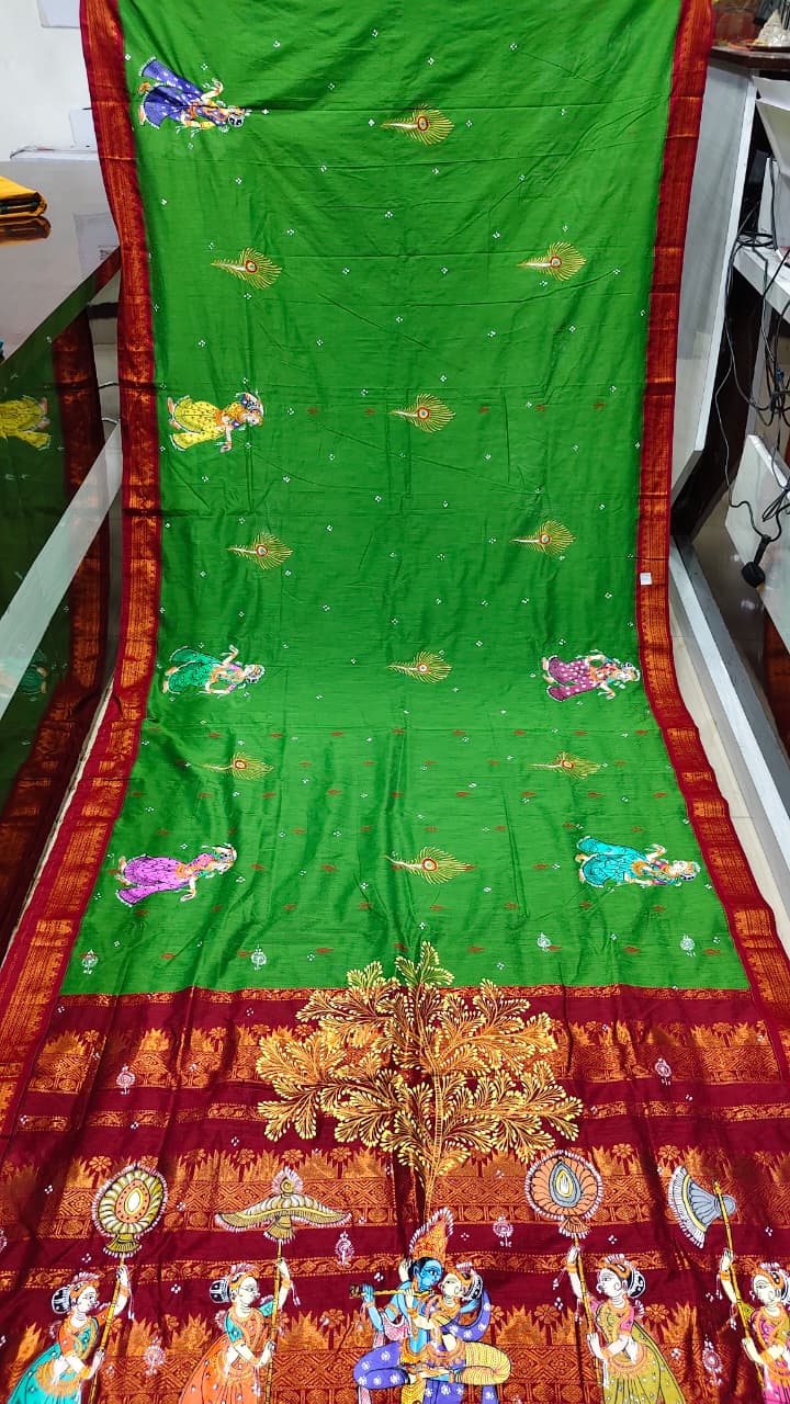 Parrot Green Red Radha Krishna Rasa Theme Pattachitra South Cotton Saree