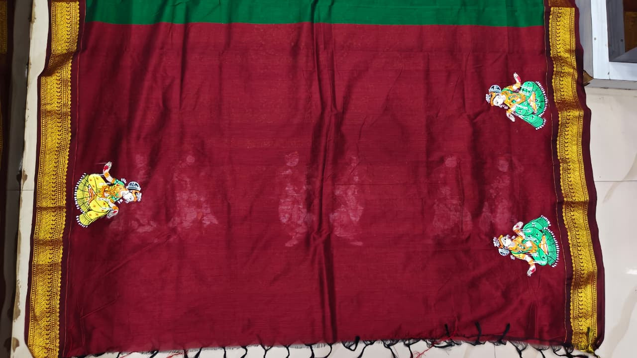 Green Maroon Sakhi Rasa Theme Pattachitra South Cotton Saree