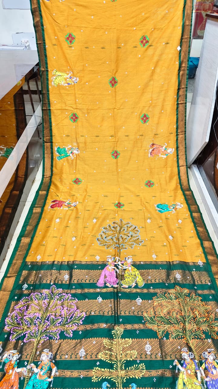 Yellow Green Sakhi Rasa Theme Pattachitra South Cotton Saree