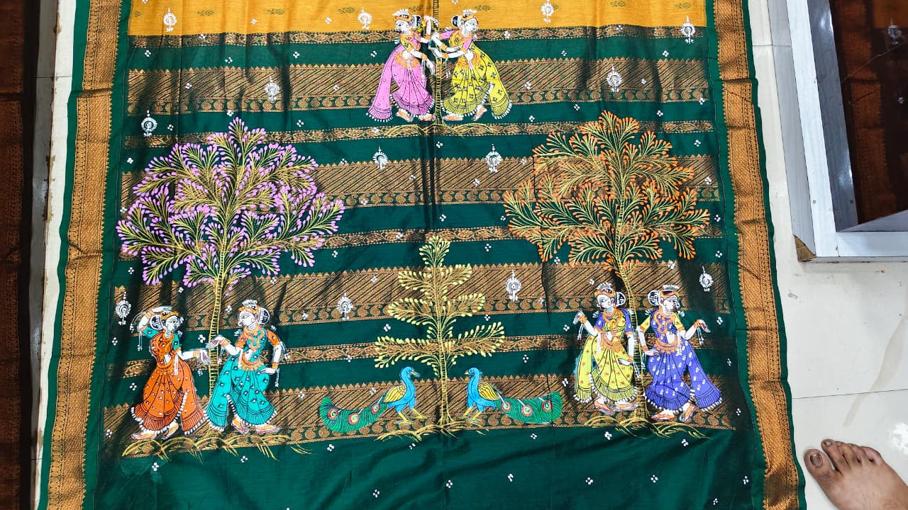 Yellow Green Sakhi Rasa Theme Pattachitra South Cotton Saree