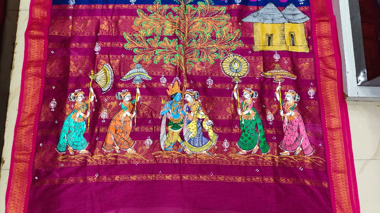 Blue Magenta Radha Krishna Rasa Theme Pattachitra South Cotton Saree