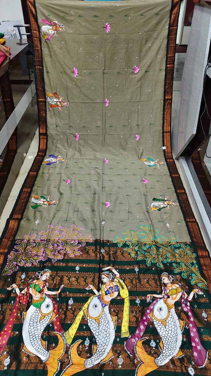 Grey Green Mastya Kanya Theme Pattachitra South Cotton Saree