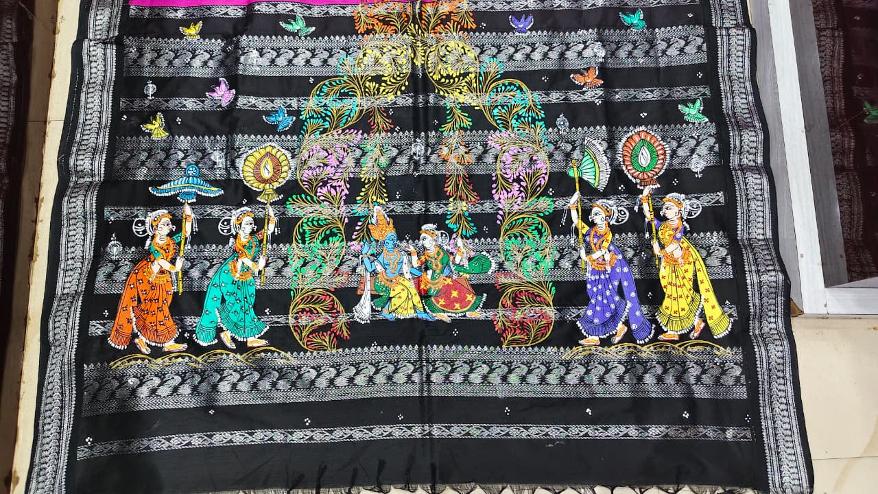 Magenta Black Radha Krishna Raja Doli Theme Pattachitra South Cotton Saree