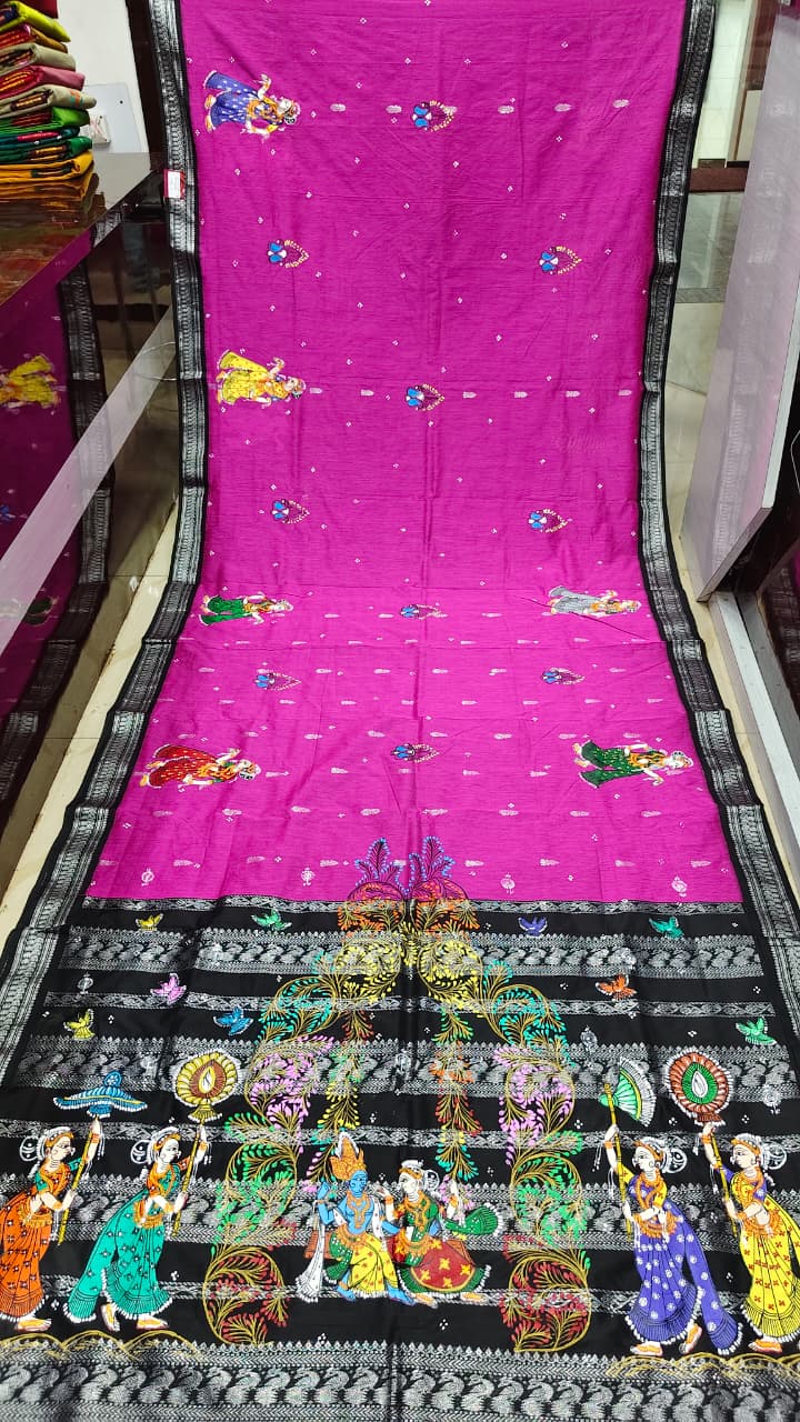 Magenta Black Radha Krishna Raja Doli Theme Pattachitra South Cotton Saree