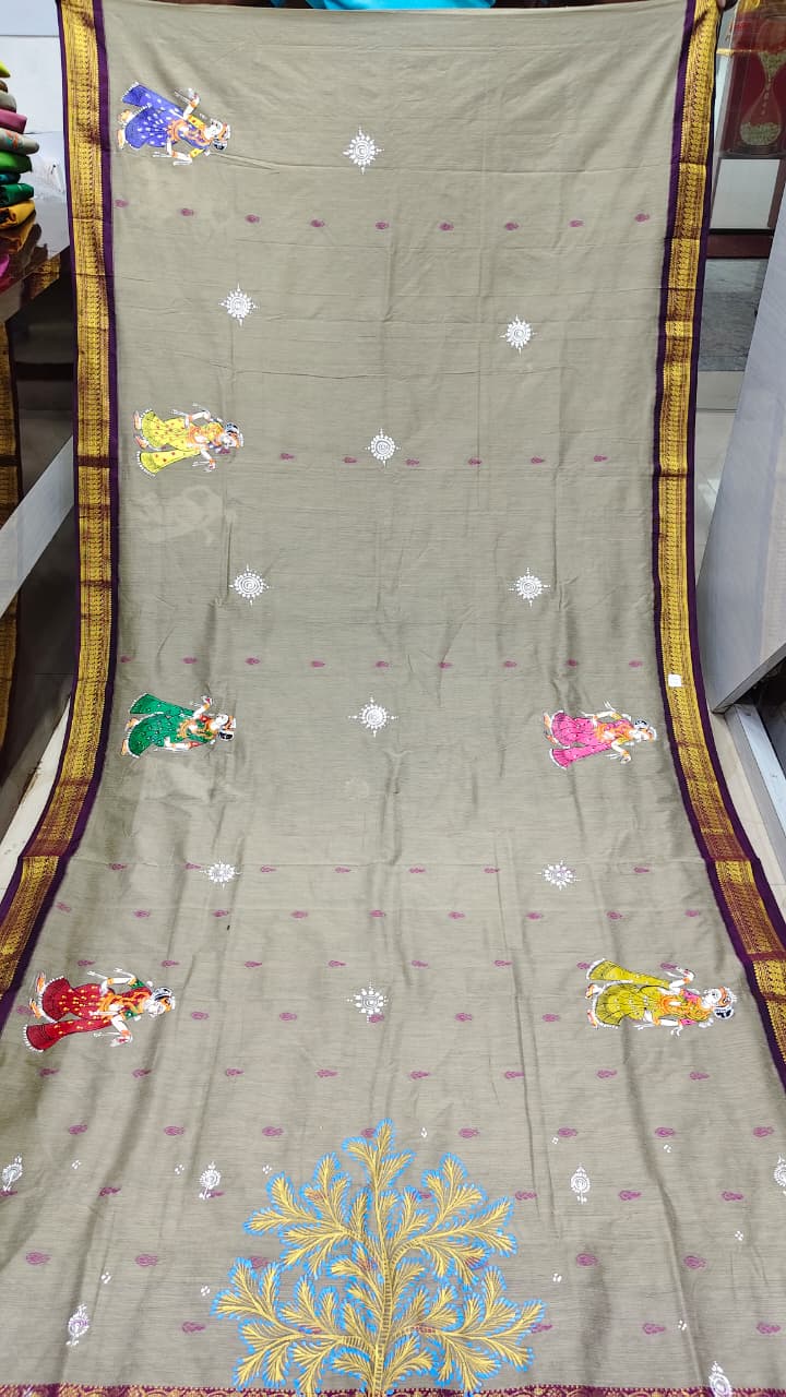Grey Purple Sakhi Rasa Theme Pattachitra South Cotton Saree