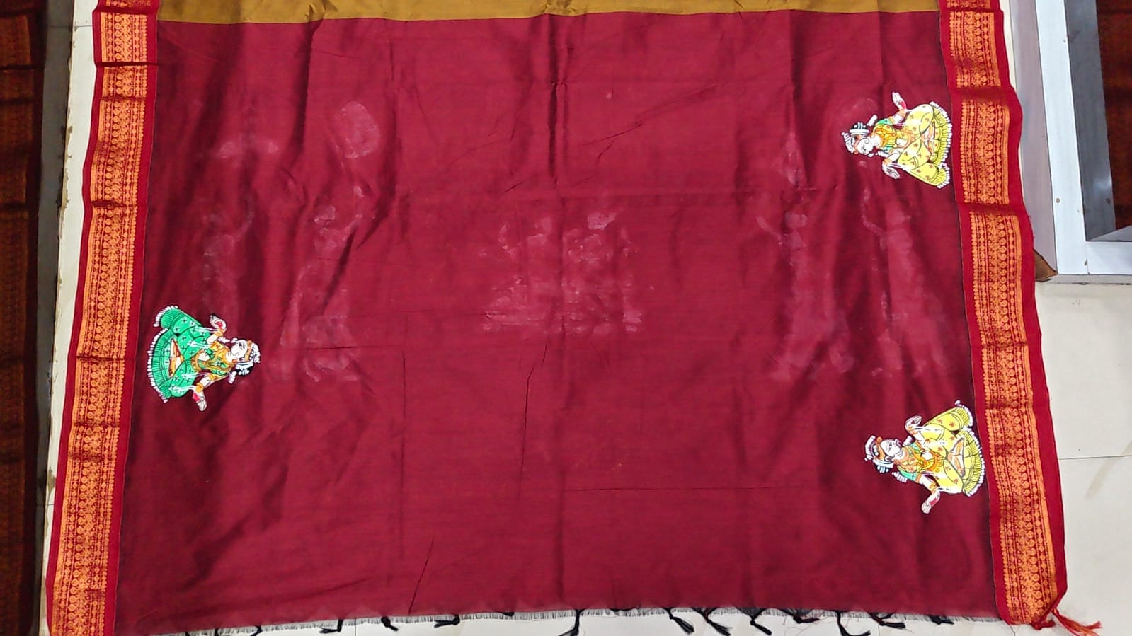 Mustard Yellow Maroon Radha Krishna Raja Doli Theme Pattachitra South Cotton Saree