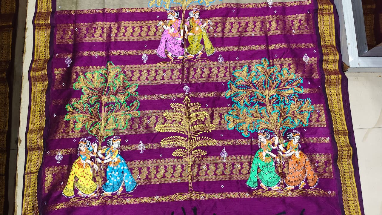 Grey Purple Sakhi Rasa Theme Pattachitra South Cotton Saree