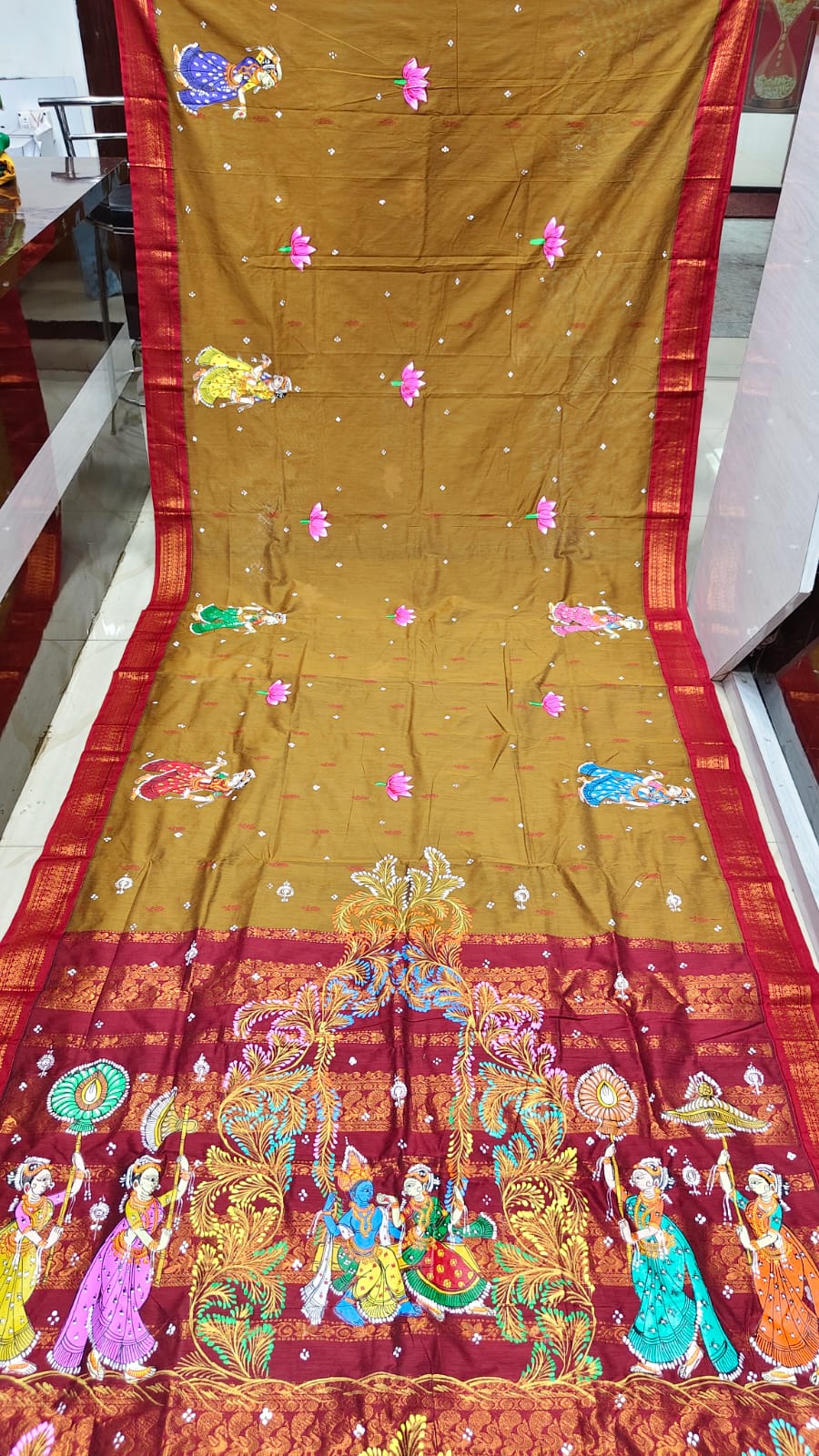 Mustard Yellow Maroon Radha Krishna Raja Doli Theme Pattachitra South Cotton Saree