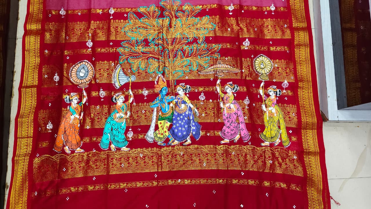 pinkish red Radha Krishna Rasa Theme Pattachitra South Cotton Saree