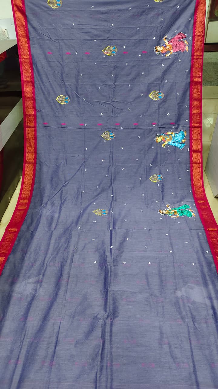 Grey Magenta Radha Krishna Raja Doli Theme Pattachitra South Cotton Saree