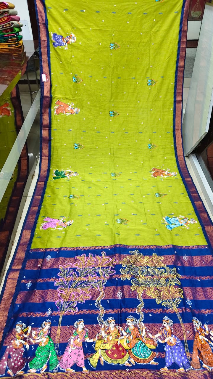 Neon Green Blue Raja Doli Theme Pattachitra South Cotton Saree