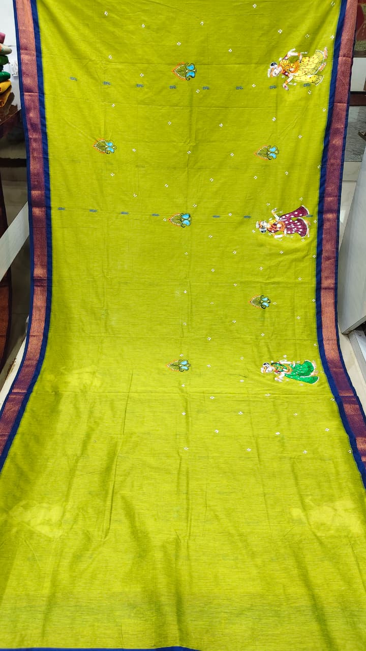 Neon Green Blue Raja Doli Theme Pattachitra South Cotton Saree