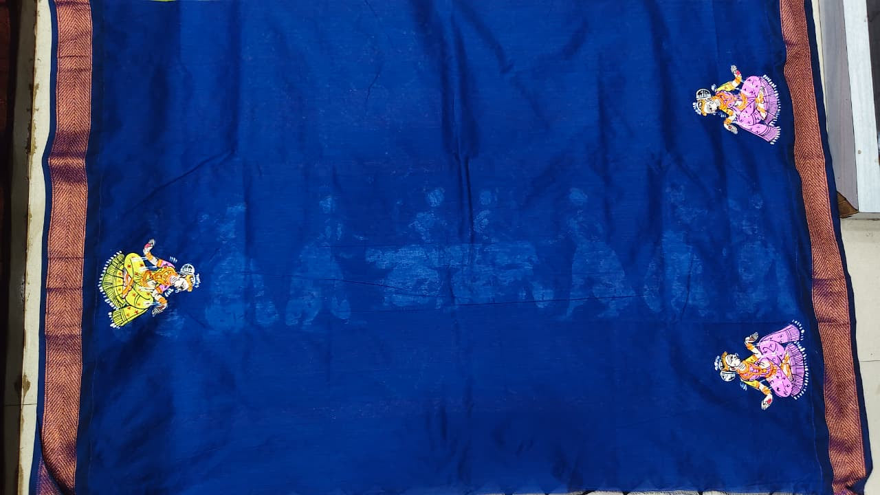 Neon Green Blue Raja Doli Theme Pattachitra South Cotton Saree