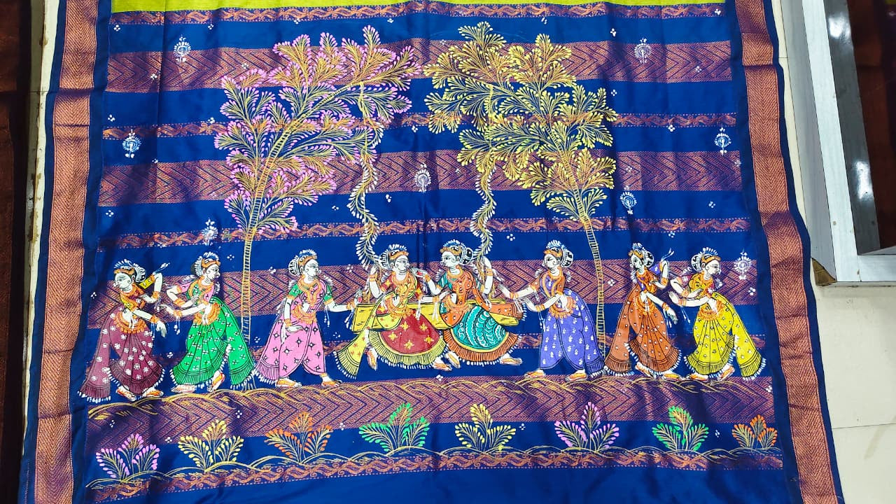 Neon Green Blue Raja Doli Theme Pattachitra South Cotton Saree