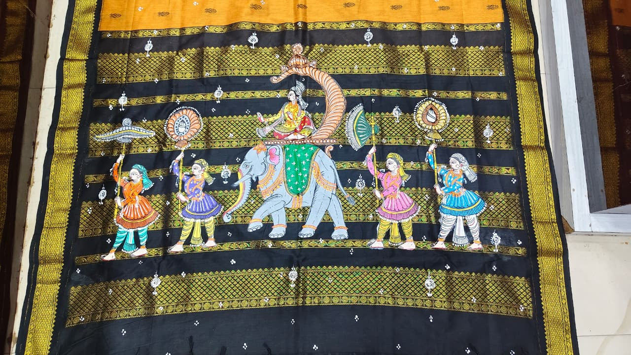 Yellow Black Ashoka Theme Pattachitra South Cotton Saree
