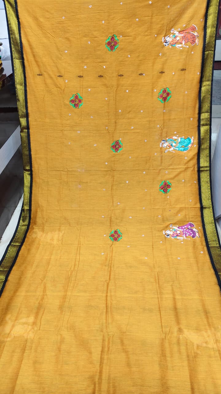 Yellow Black Ashoka Theme Pattachitra South Cotton Saree