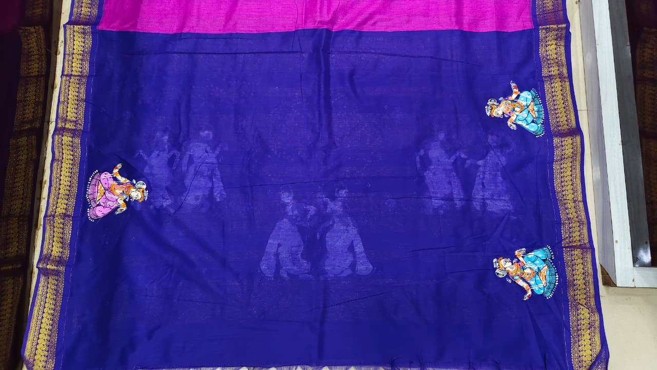 Rani Pink Blue Sakhi Rasa Theme Pattachitra South Cotton Saree