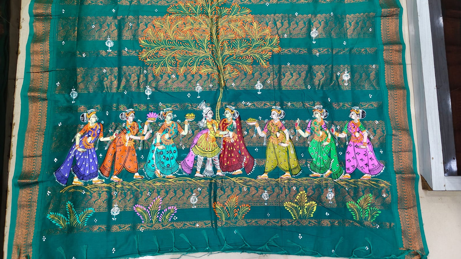 Lemon Green Marriage Theme Pattachitra South Cotton Saree