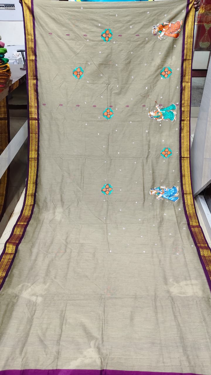 Grey Purple Ashoka Theme Pattachitra South Cotton Saree