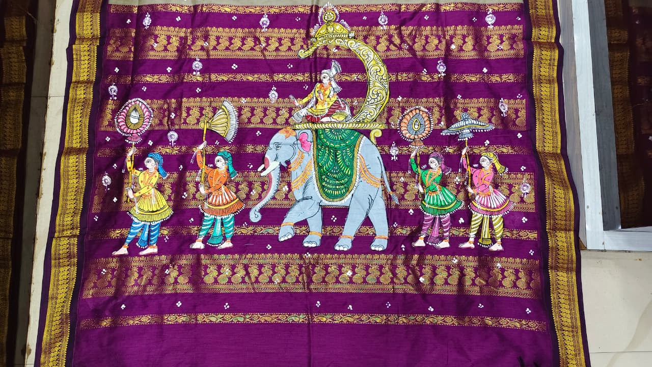 Grey Purple Ashoka Theme Pattachitra South Cotton Saree