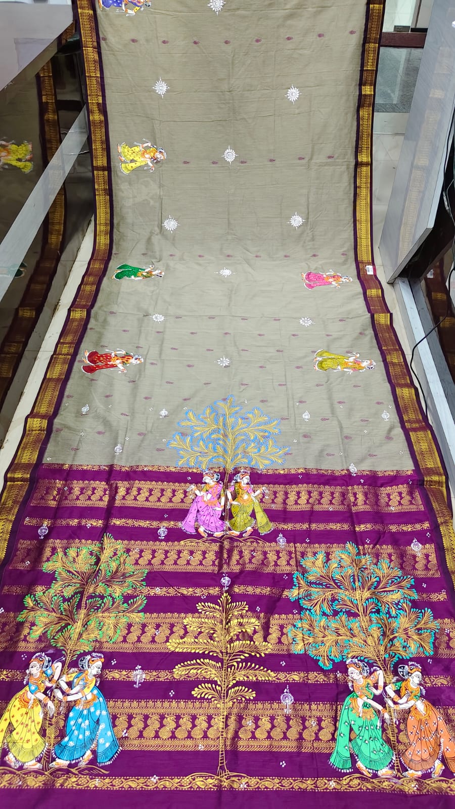 Grey Purple Sakhi Rasa Theme Pattachitra South Cotton Saree