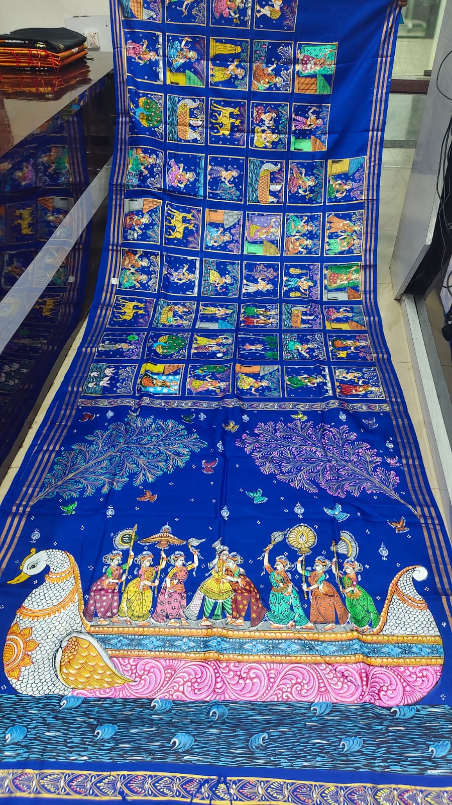 Blue Small Box Boita Theme Pattachitra Kanjeeveram Silk Saree