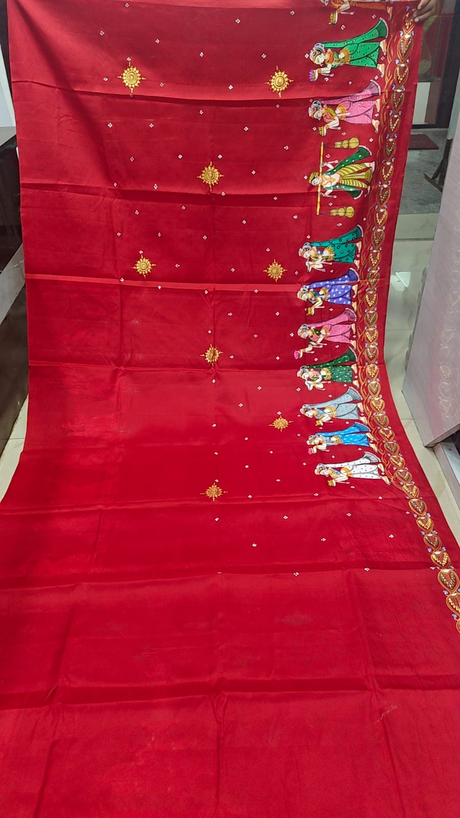 Red Boita Bandana Theme Pattachitra Kanjeeveram Silk Saree