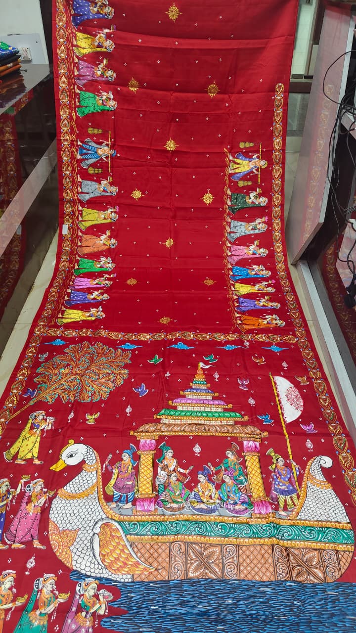 Red Boita Bandana Theme Pattachitra Kanjeeveram Silk Saree