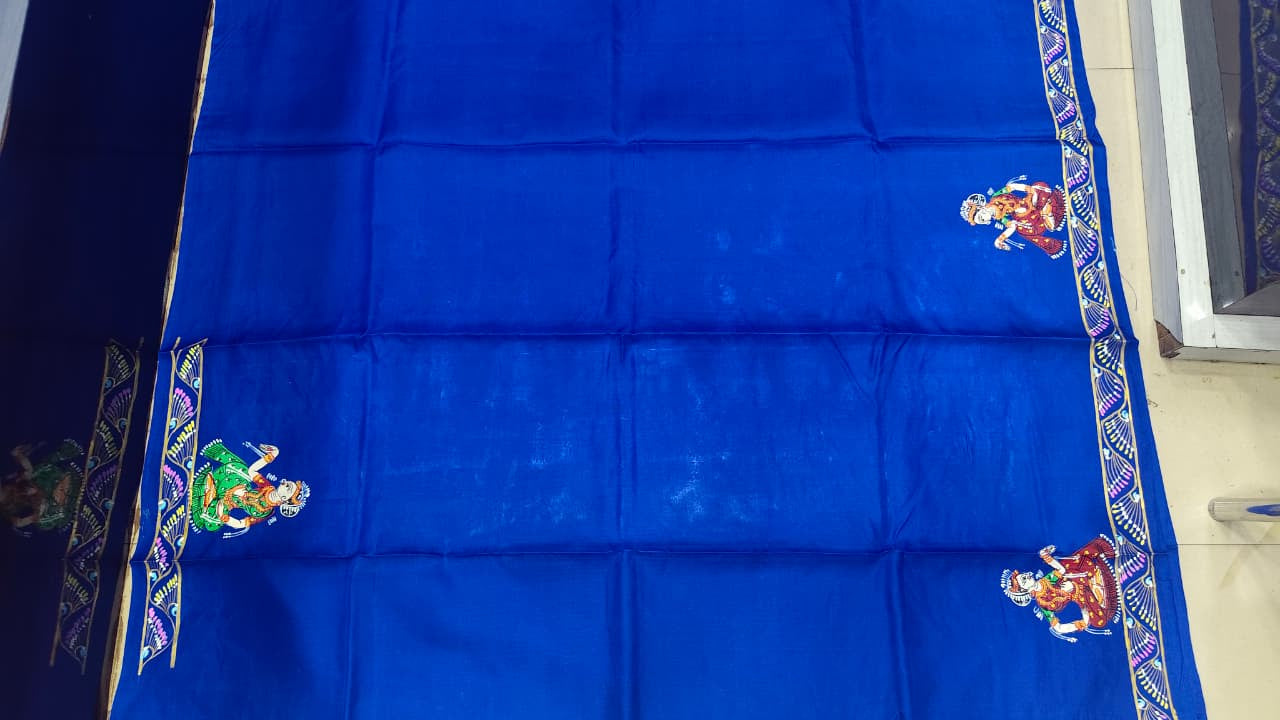 Blue Big Box Boita Theme Pattachitra Kanjeeveram Silk Saree
