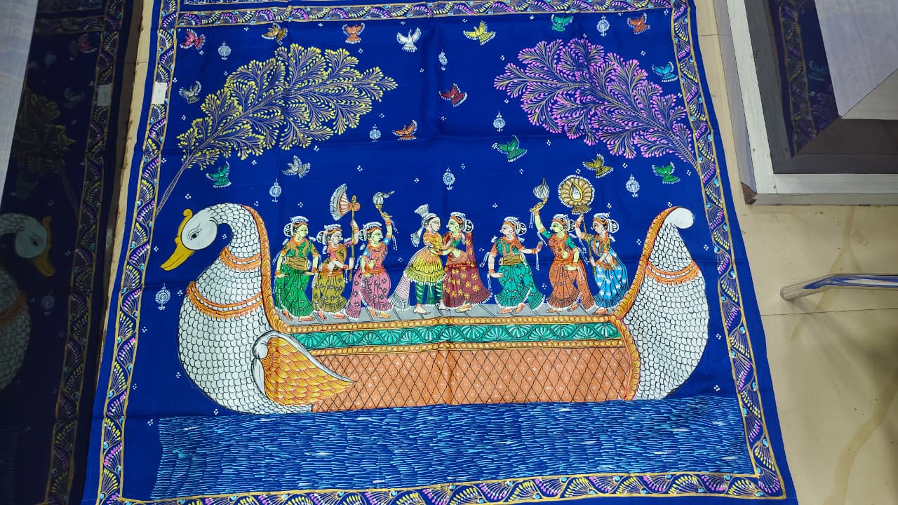 Blue Big Box Boita Theme Pattachitra Kanjeeveram Silk Saree