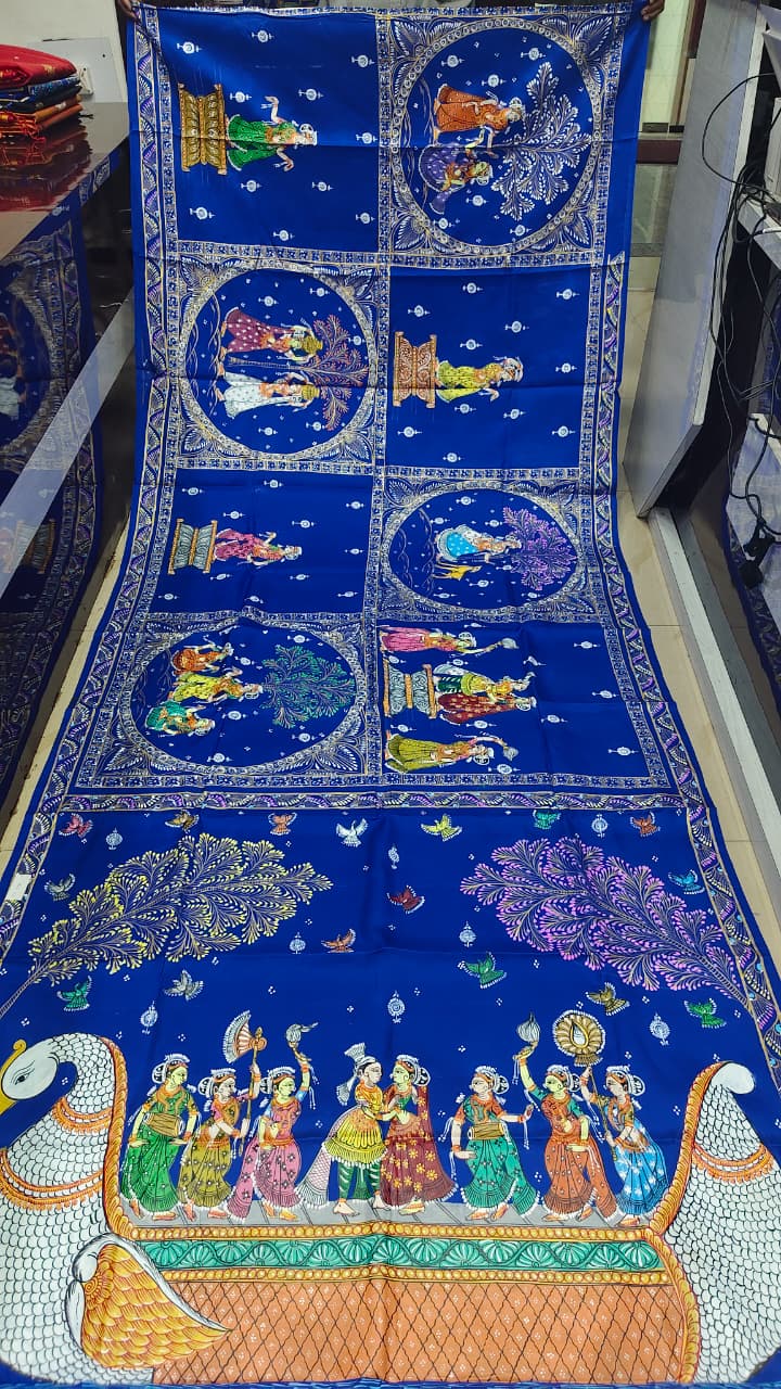 Blue Big Box Boita Theme Pattachitra Kanjeeveram Silk Saree