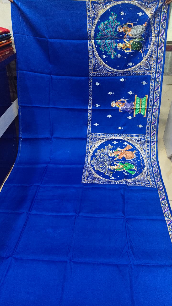 Blue Big Box Boita Theme Pattachitra Kanjeeveram Silk Saree