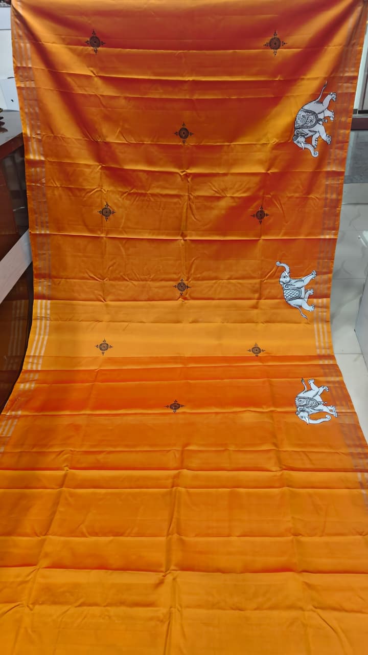 Orange Kandarp Hasti Theme Pattachitra Kanjeeveram Silk Saree
