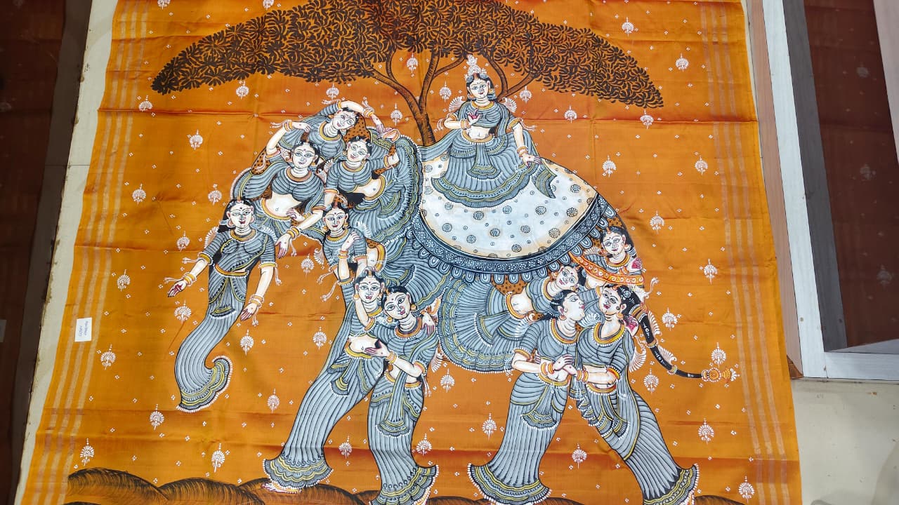 Orange Kandarp Hasti Theme Pattachitra Kanjeeveram Silk Saree