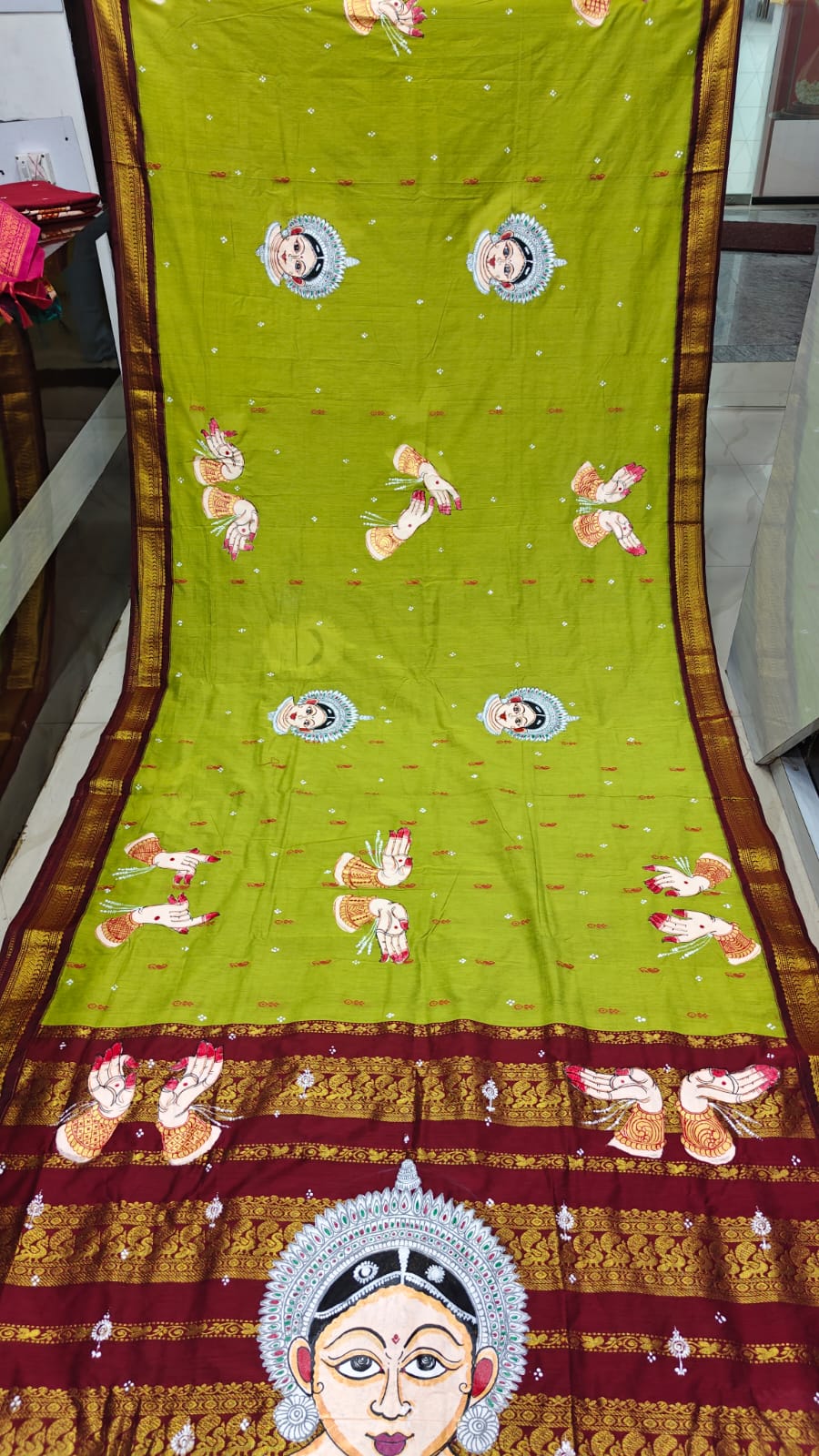 Lemon Green Maroon Odishi Face And Mudra Theme Pattachitra South Cotton Saree