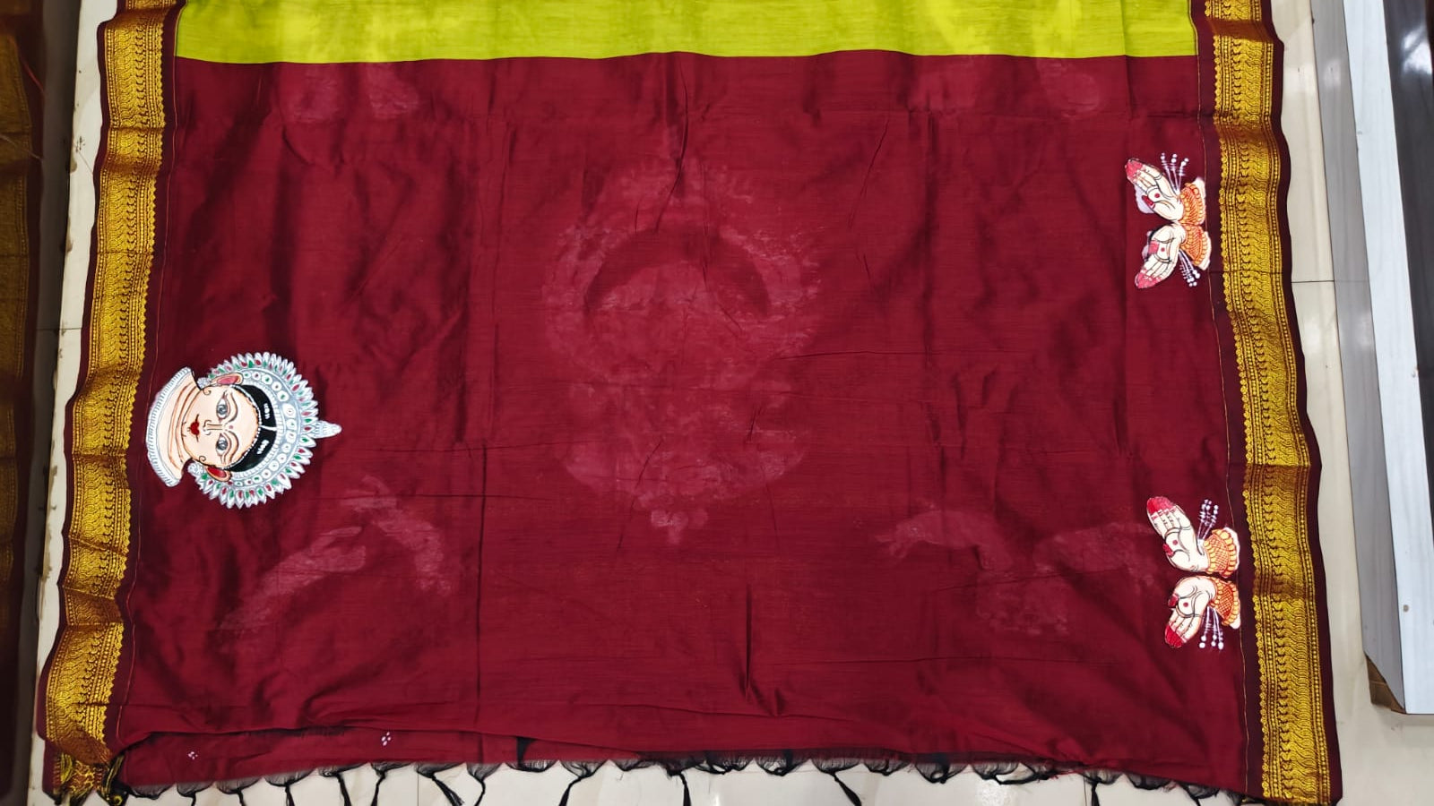 Lemon Green Maroon Odishi Face And Mudra Theme Pattachitra South Cotton Saree