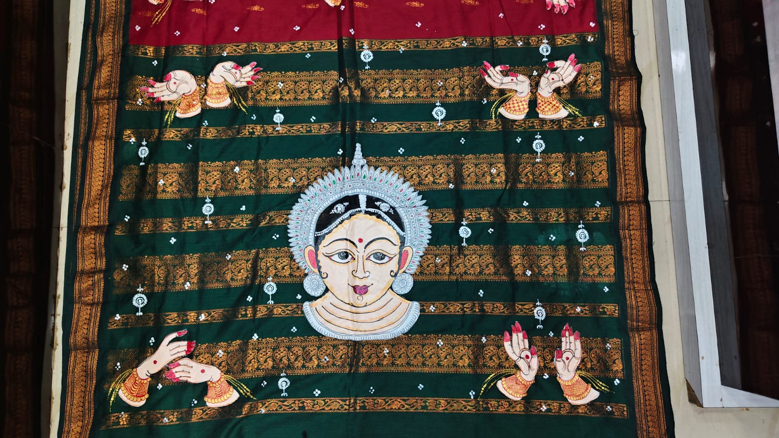 Maroon Green Odishi Face And Mudra Theme Pattachitra South Cotton Saree
