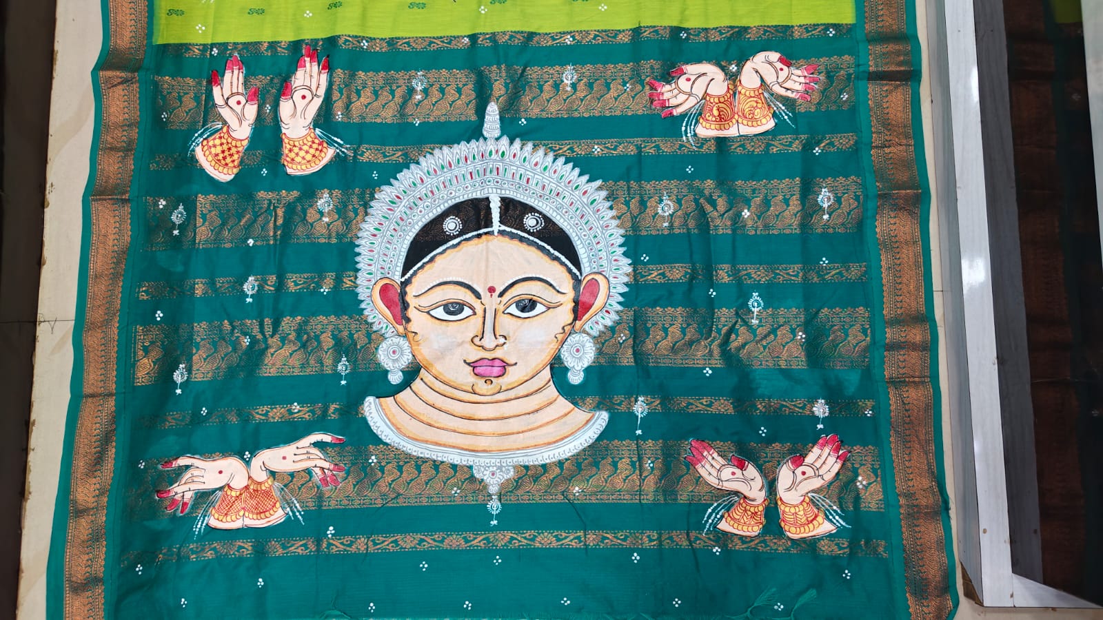 Lime Green Rama Green Odishi Face And Mudra Theme Pattachitra South Cotton Saree
