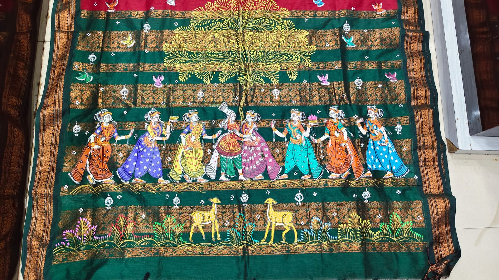 Maroon Green Marriage Theme Pattachitra South Cotton Saree