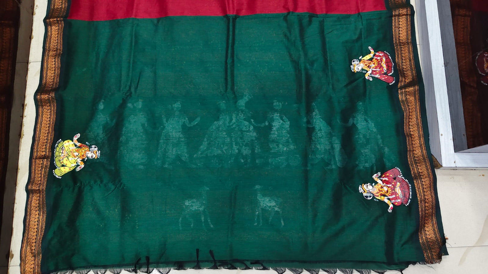 Maroon Green Marriage Theme Pattachitra South Cotton Saree