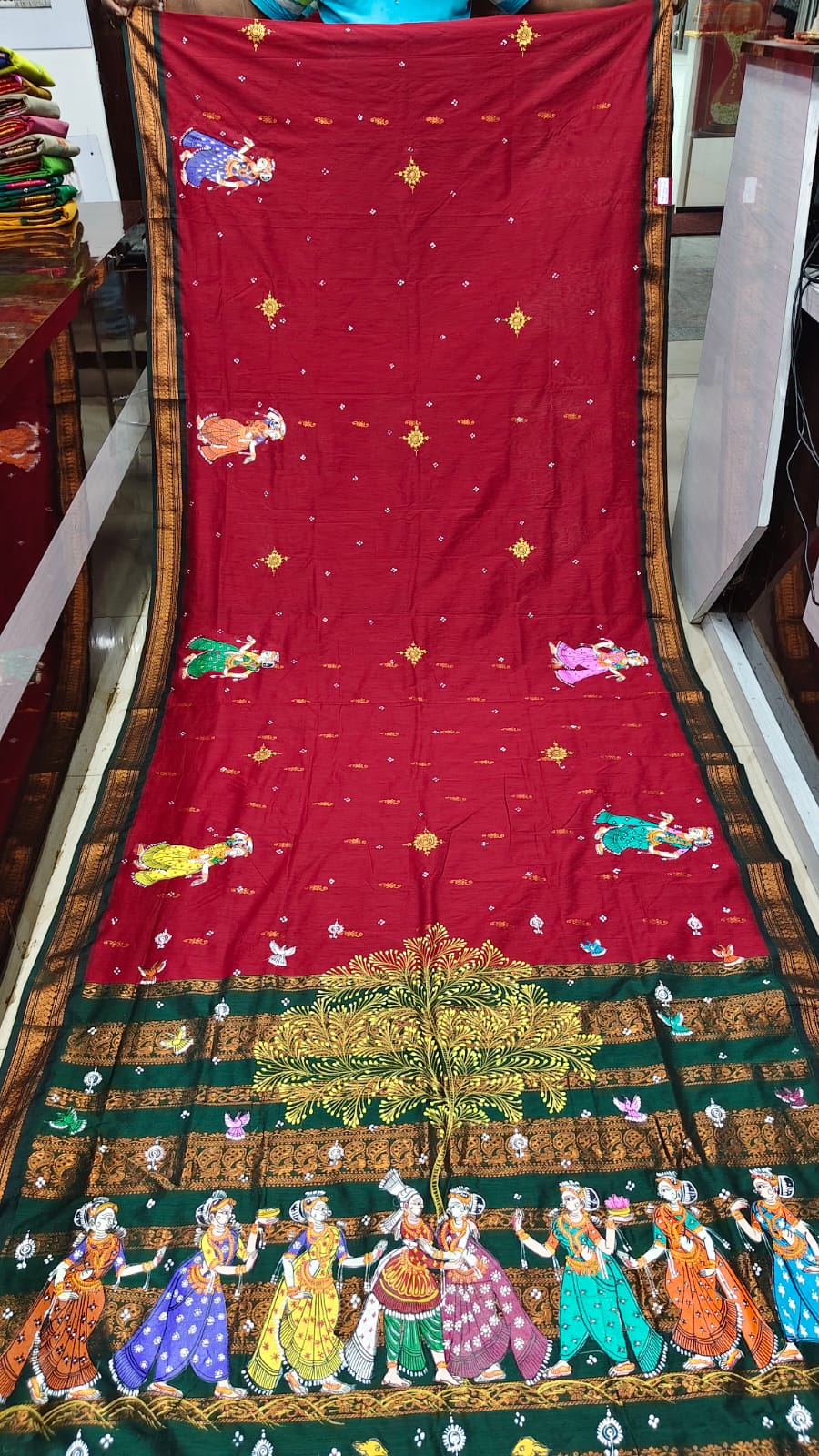 Maroon Green Marriage Theme Pattachitra South Cotton Saree