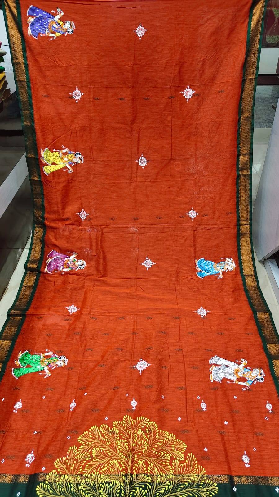 Orange Green Marriage Theme Pattachitra South Cotton Saree